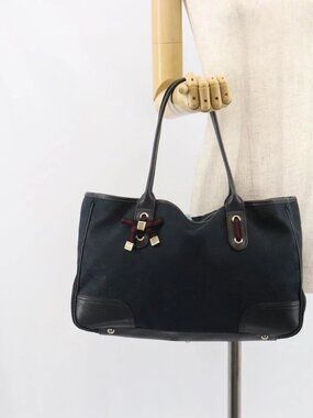 GUCCI GG Canvas Sherry Line Pretty Tote Bag Black Red 163805 Auth 162517